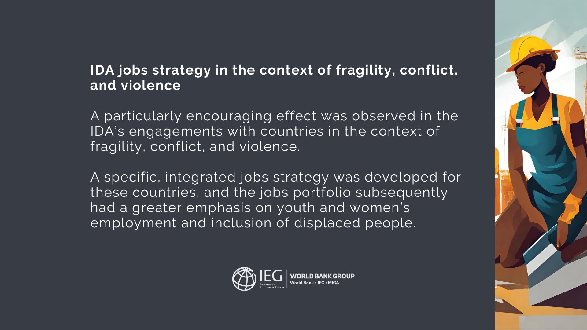 Infographic with white text on a black background. The text discusses the integrated jobs strategy developed by International Development Association for countries affected by fragility, conflict, and violence.