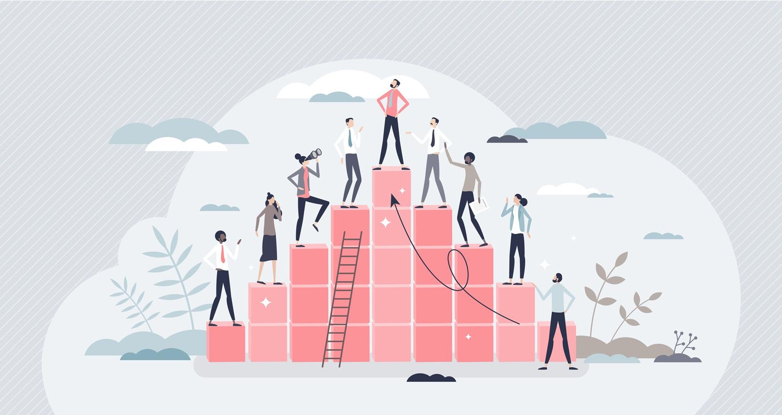 Photo: Hierarchy rank and pyramid type career development ladder tiny person concept. Company organization system from low level workers to CEO and director vector illustration. Organization team structure. Credit: VectorMine / Shutterstock