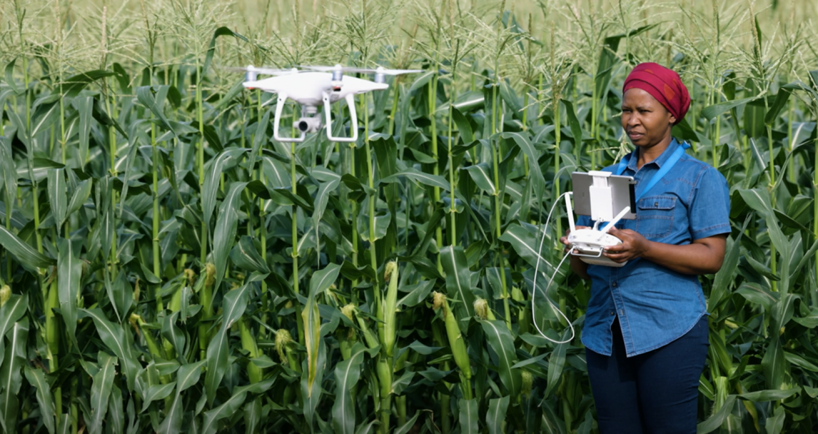 An African agronomist is using a drone to monitor a corn crop. Image source: Shutterstock/Martin Harvey