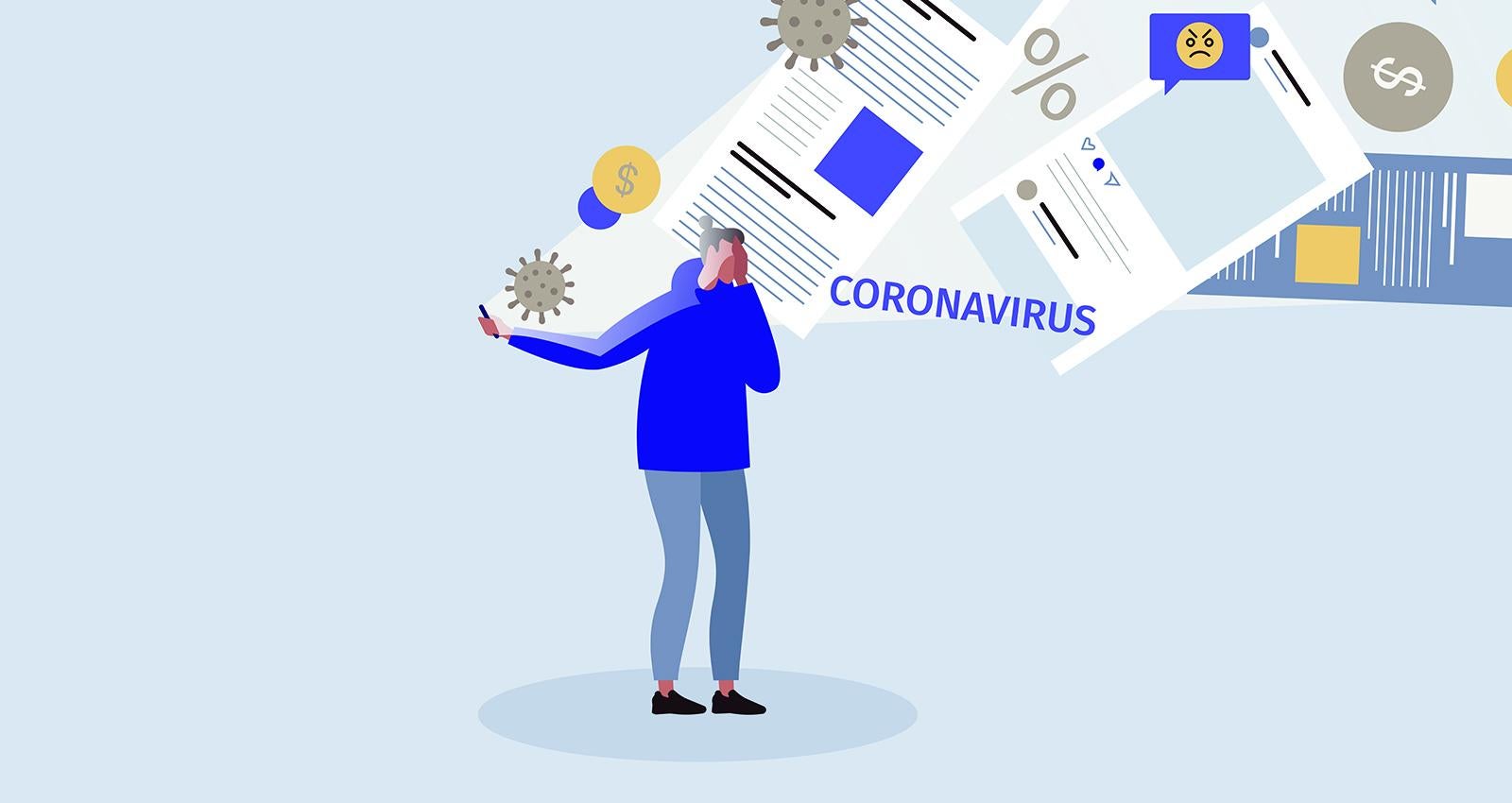 Coronavirus infodemia concept illustration. Sad Woman standing with mobile phone full of news and warnings about economy crisis and COVID 19 outbreak
