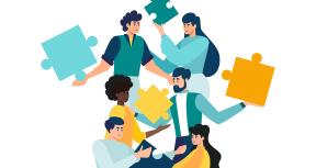 Business teamwork together people connect puzzle elements. Vector illustration in flat style.