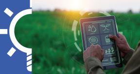 Farmers use agricultural technology in data analysis tablets and image icons.