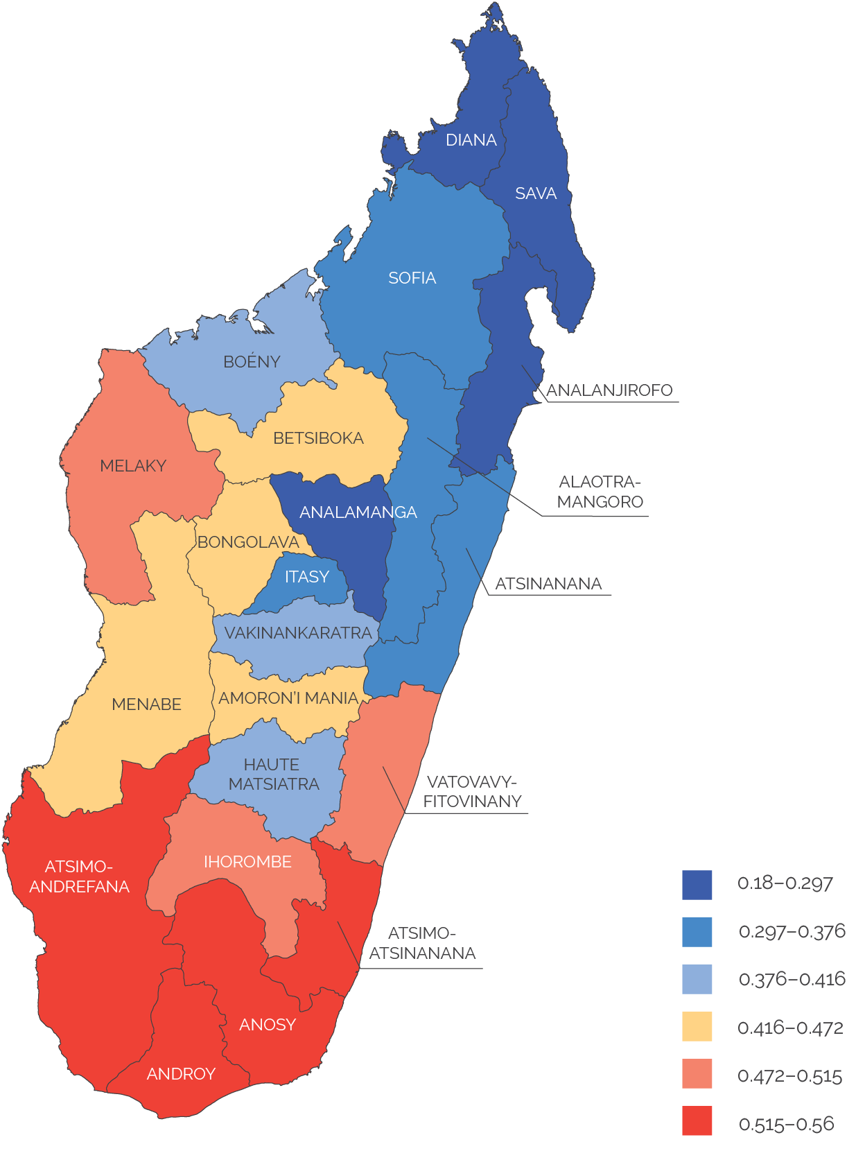 A map of subnational poverty rates in Madagascar demonstrating the higher incidence of poverty in the south.