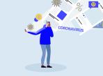Coronavirus infodemia concept illustration. Sad Woman standing with mobile phone full of news and warnings about economy crisis and COVID 19 outbreak