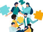 Business teamwork together people connect puzzle elements. Vector illustration in flat style.